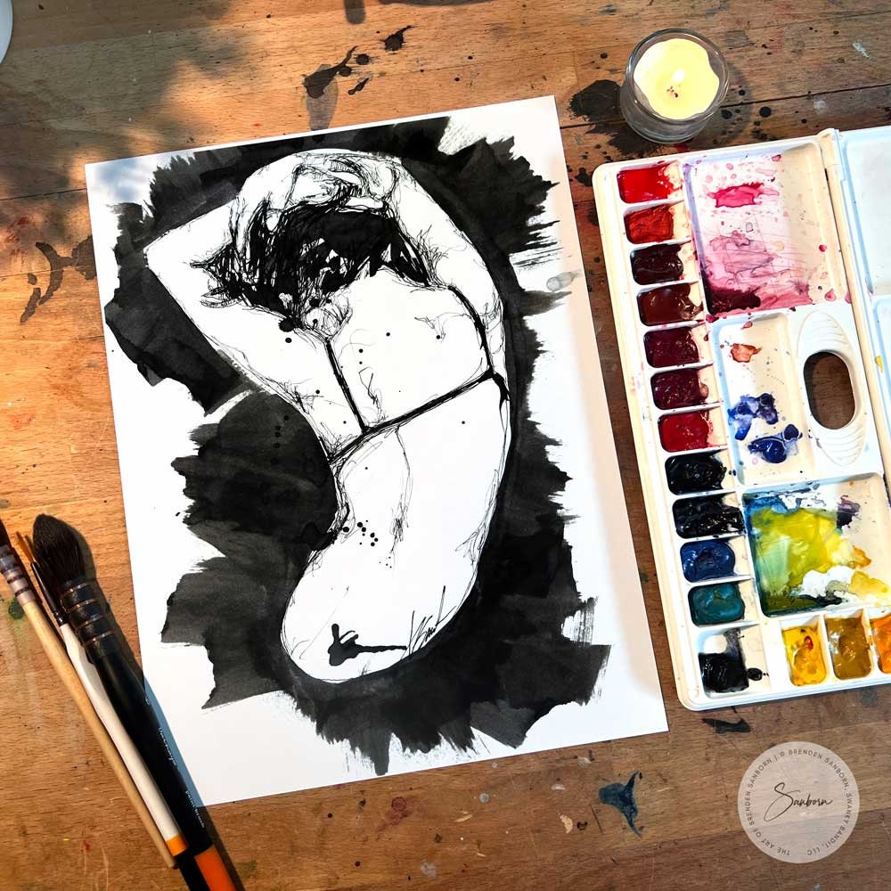 Female Dancing in the Corner - Original Ink on Paper Artist Brenden Sanborn