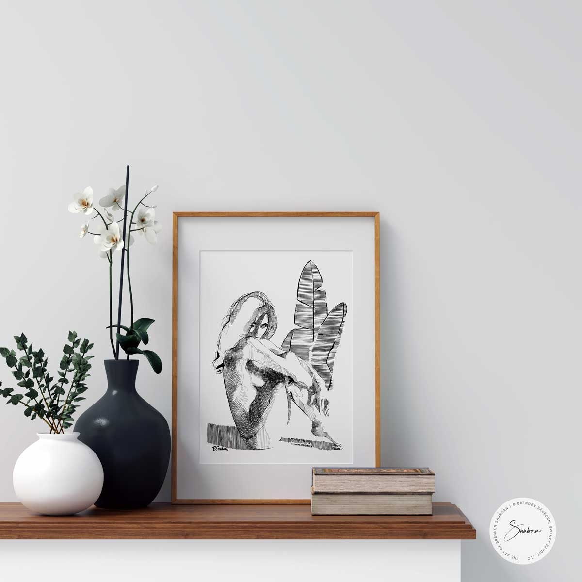Sensual Nude Female with Tropical Leaves - Original Ink on Paper Artist Brenden Sanborn