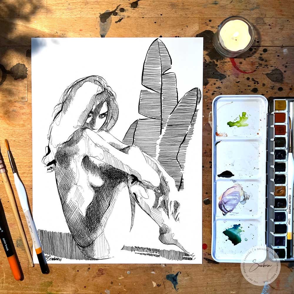 Sensual Nude Female with Tropical Leaves - Original Ink on Paper Artist Brenden Sanborn
