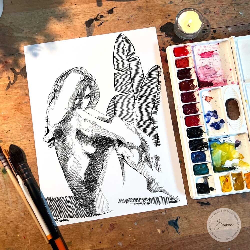 Sensual Nude Female with Tropical Leaves - Original Ink on Paper Artist Brenden Sanborn
