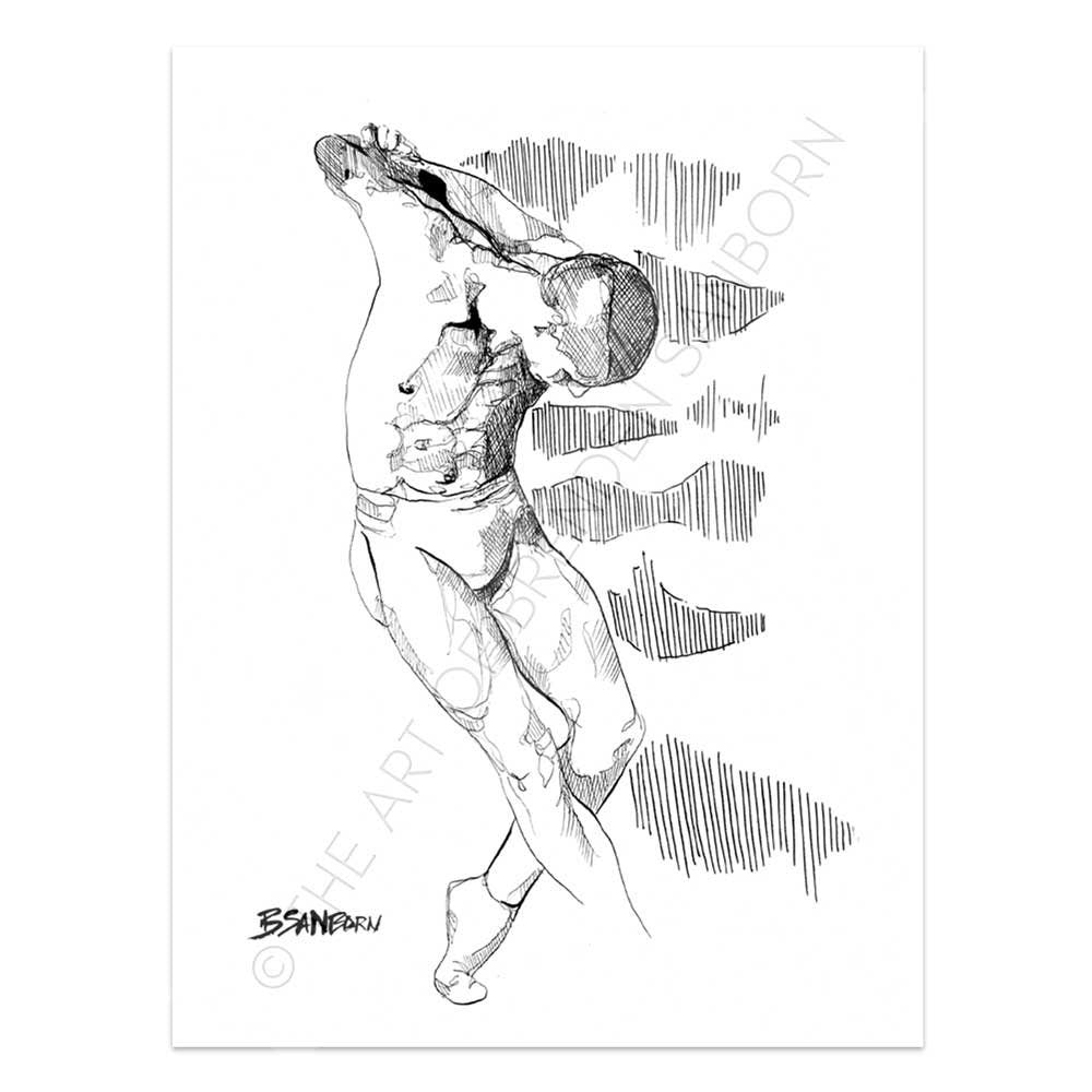 Man Stretching in Tighty Whities - Original Ink on Paper Artist Brenden Sanborn