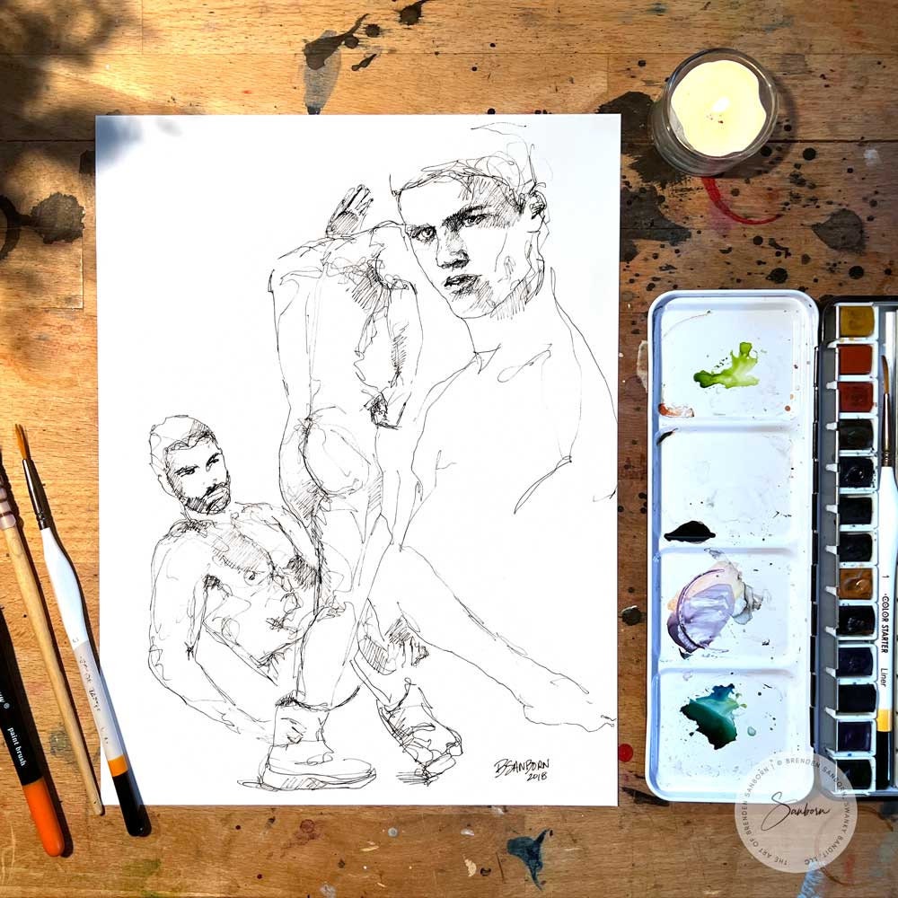 Three Nude Poses of the Handsome Man - Original Ink on Paper Artist Brenden Sanborn