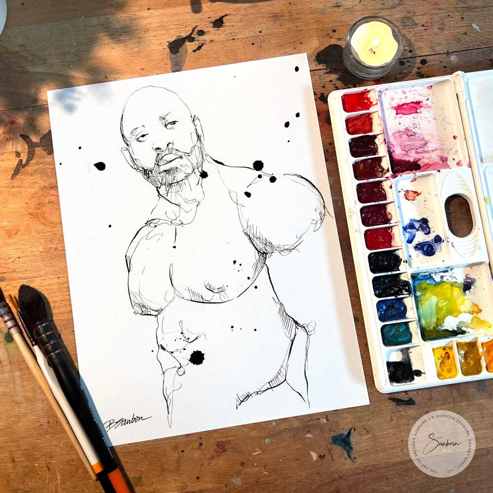 Handsome Bearded Muscle Guy - Original Ink on Paper Artist Brenden Sanborn