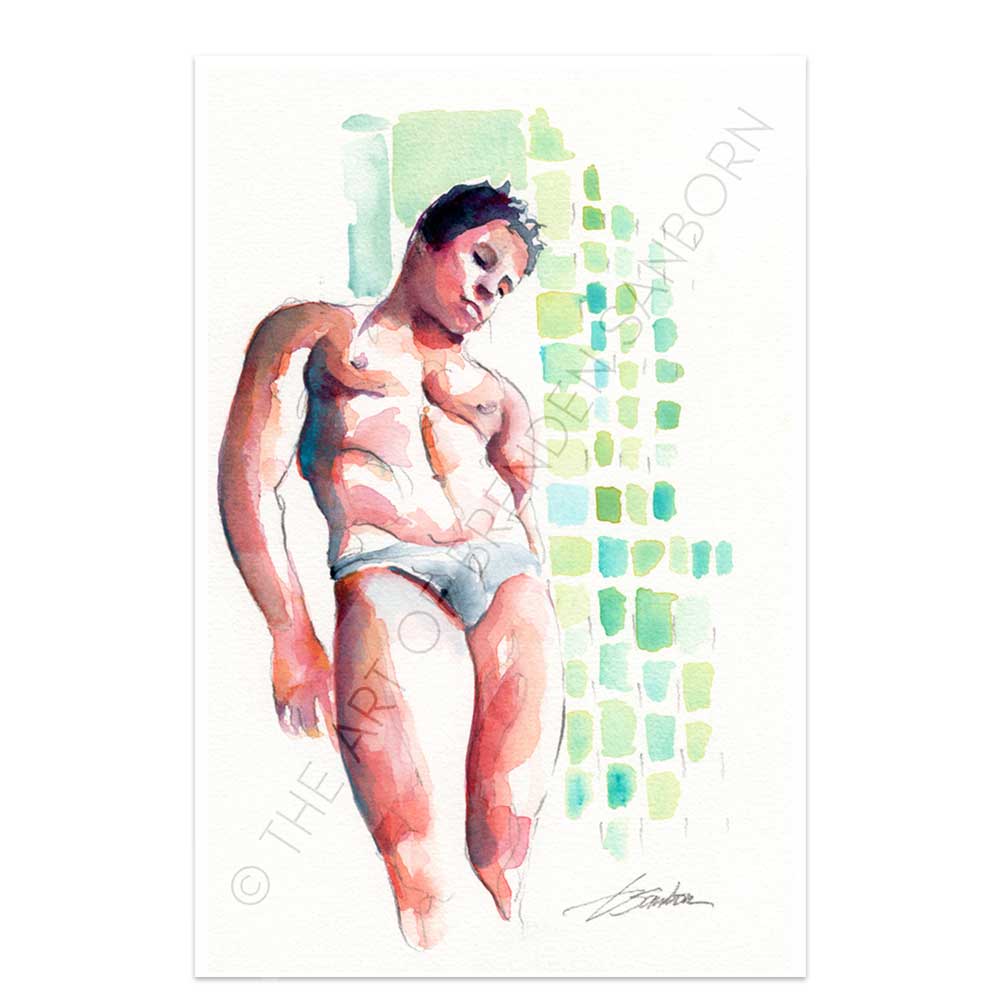 Male Swimmer Leaning in a Speedo - Original Watercolor Painting Artist Brenden Sanborn