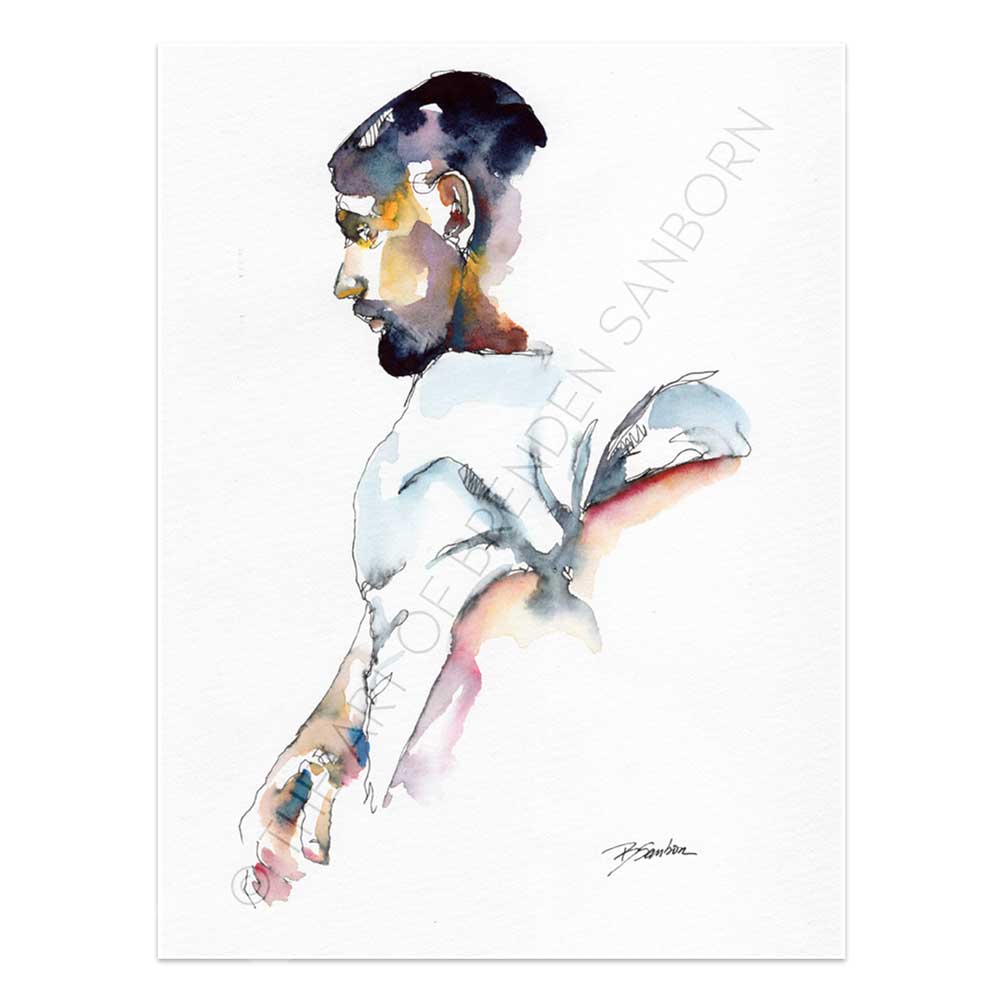 Man Lifting White T Shirt Contemporary Style - Original watercolor Artist Brenden Sanborn