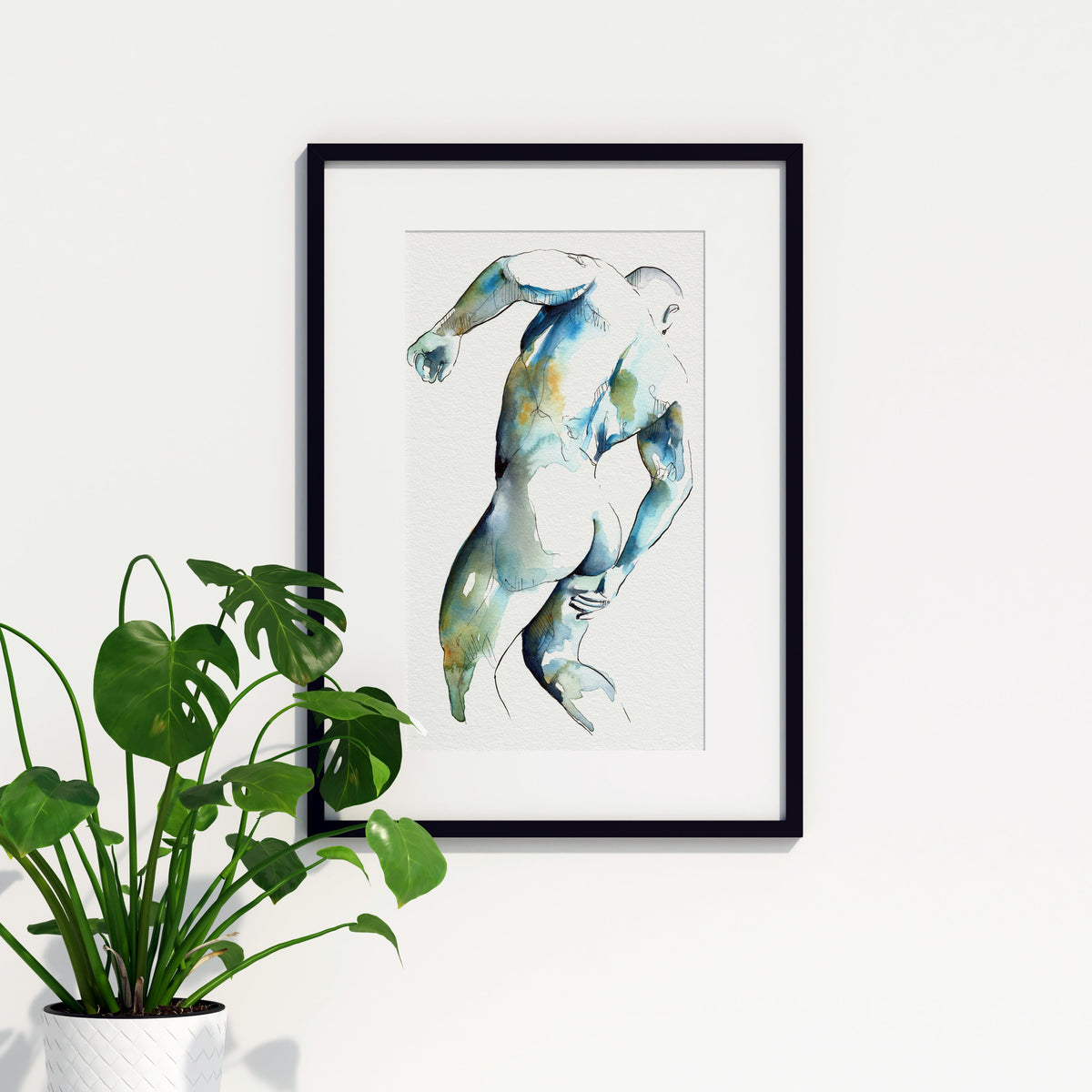 Art print displayed on a living room wall, original work by Brenden Sanborn