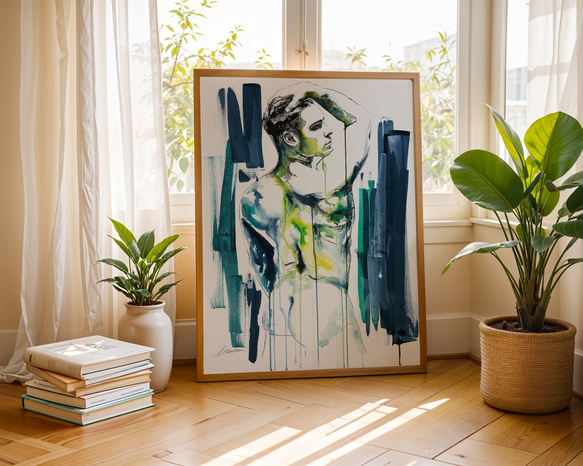 drip style male figure art expressive watercolor print displayed in modern home by Brenden Sanborn