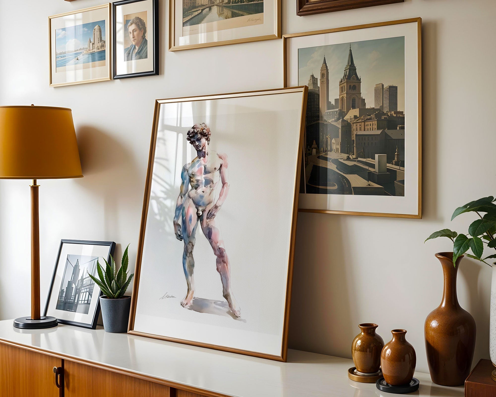 famous male nude paintings watercolor figure art print displayed in modern home by Brenden Sanborn