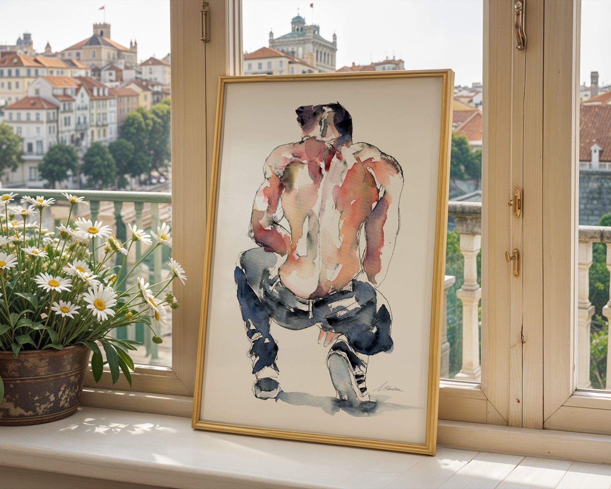 male figure watercolor art print in gold frame leaning against window in European home by Brenden Sanborn