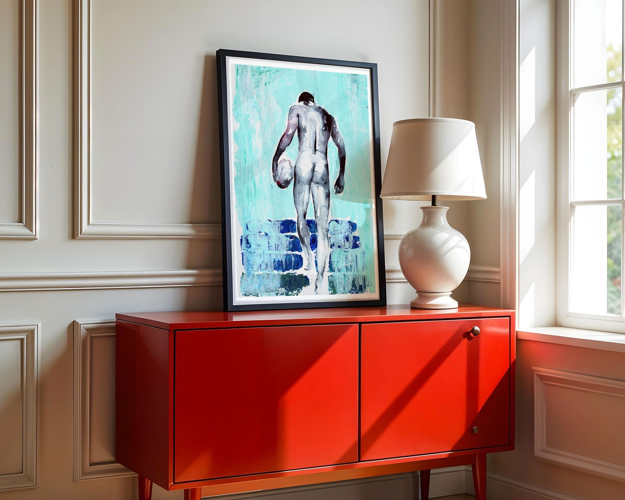 Renaissance male nude art watercolor two figures in motion displayed in modern home by Brenden Sanborn