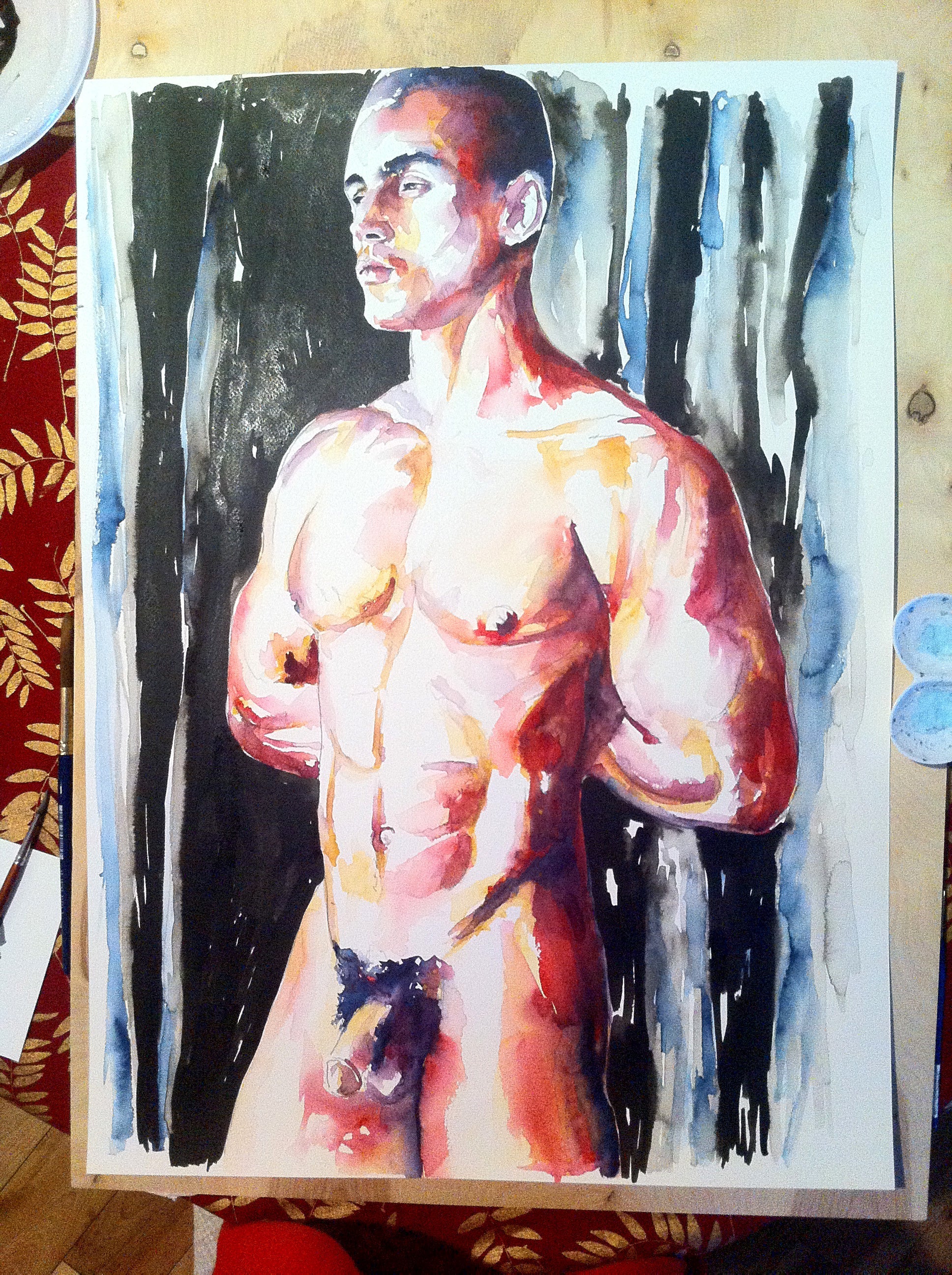 Male nude art print by emerging contemporary artist Brenden Sanborn, original watercolor