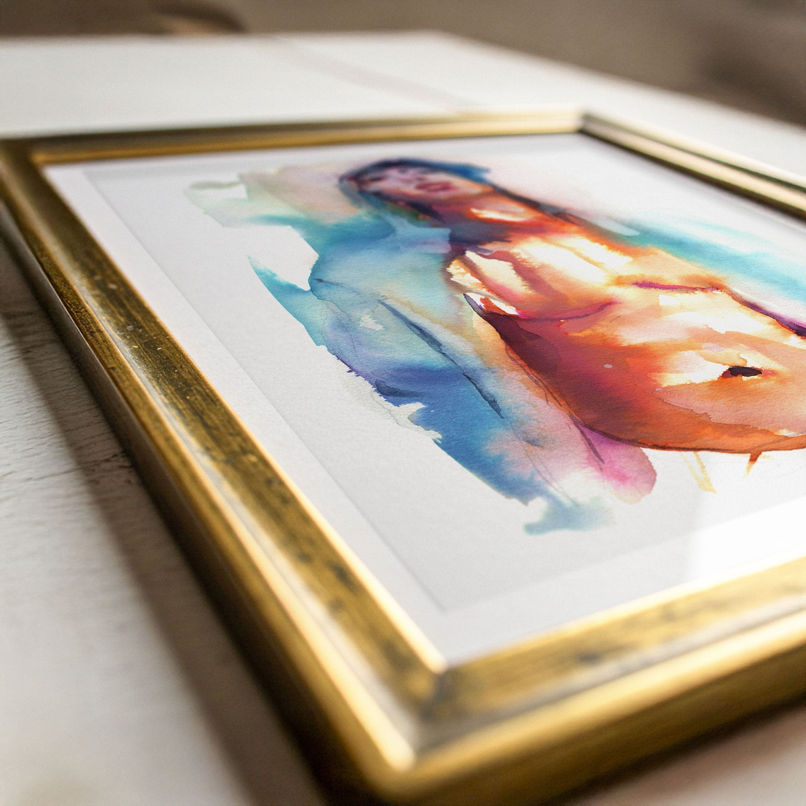 watercolor art print in gold frame close up showing framing detail by Brenden Sanborn