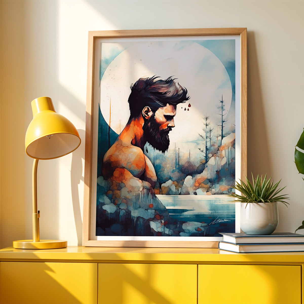 Bearded man watercolor art print in a light wood frame on a yellow sideboard, Beards in the Wild collection by Brenden Sanborn