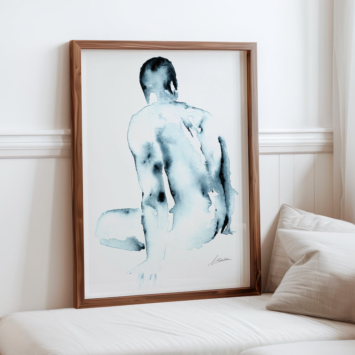 Blue monochrome watercolor of a seated male figure from behind, framed and leaning on a white bench, Monochrome Watercolor collection by Brenden Sanborn