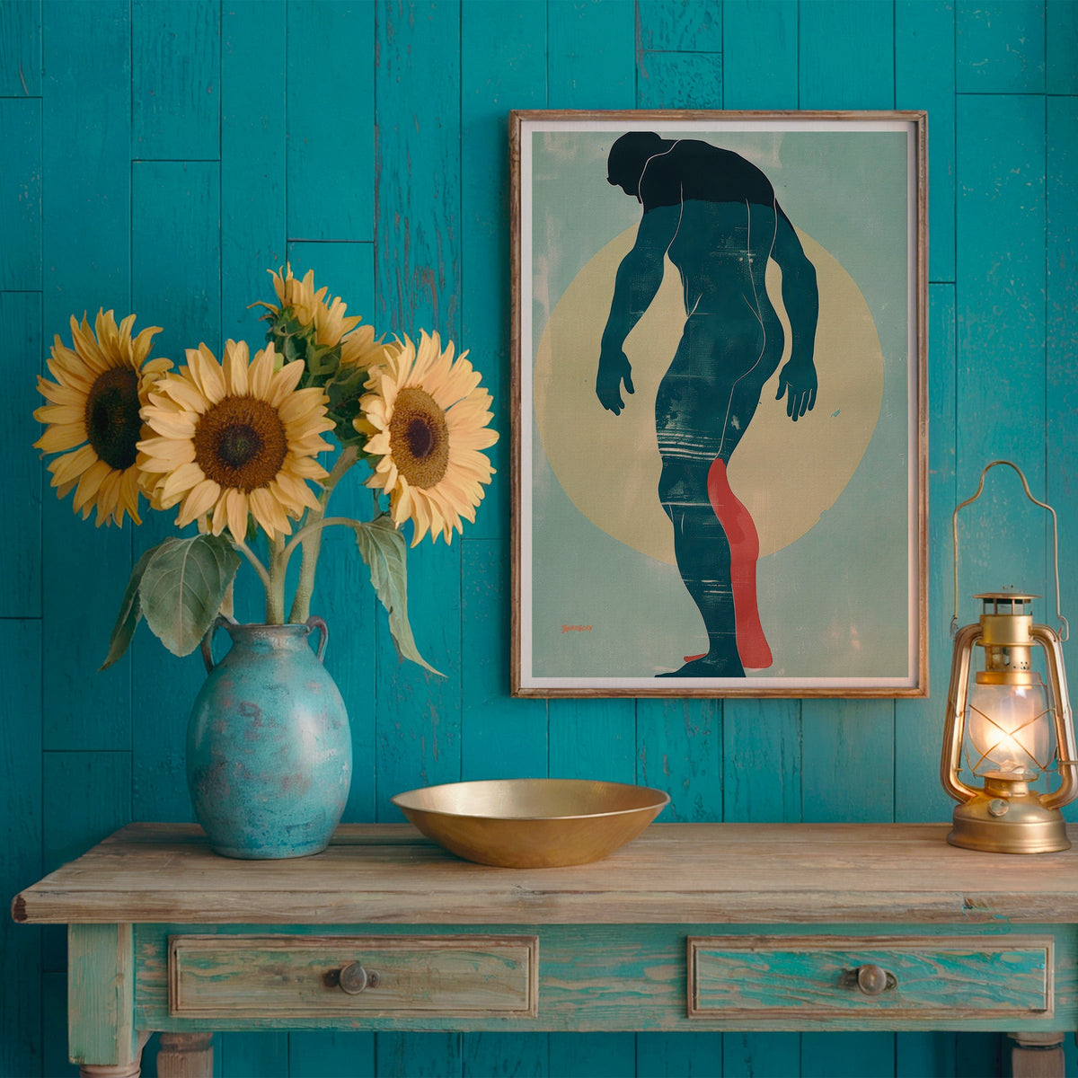 Bold graphic male figure art print on a teal wood wall with sunflowers, Mosaic collection by Brenden Sanborn