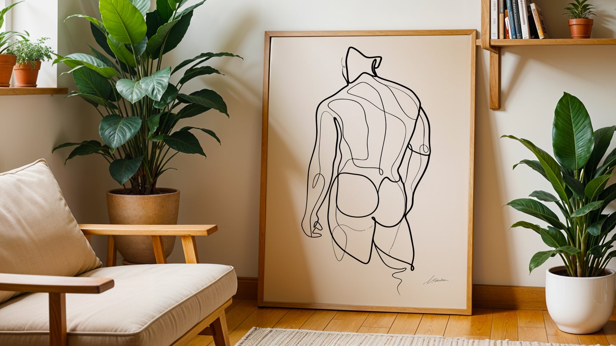One line drawing male figure art print by Brenden Sanborn, continuous single line back view figure in a large oak frame leaning against a wall surrounded by plants