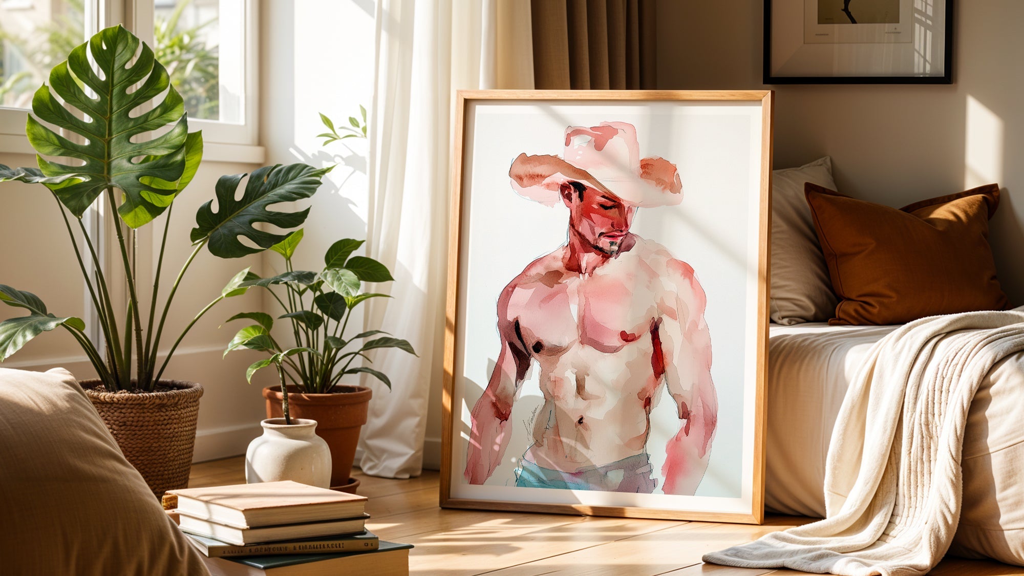 Saddle Up cowboy watercolor art print by Brenden Sanborn, shirtless male figure in a white cowboy hat framed in warm natural light beside a monstera plant