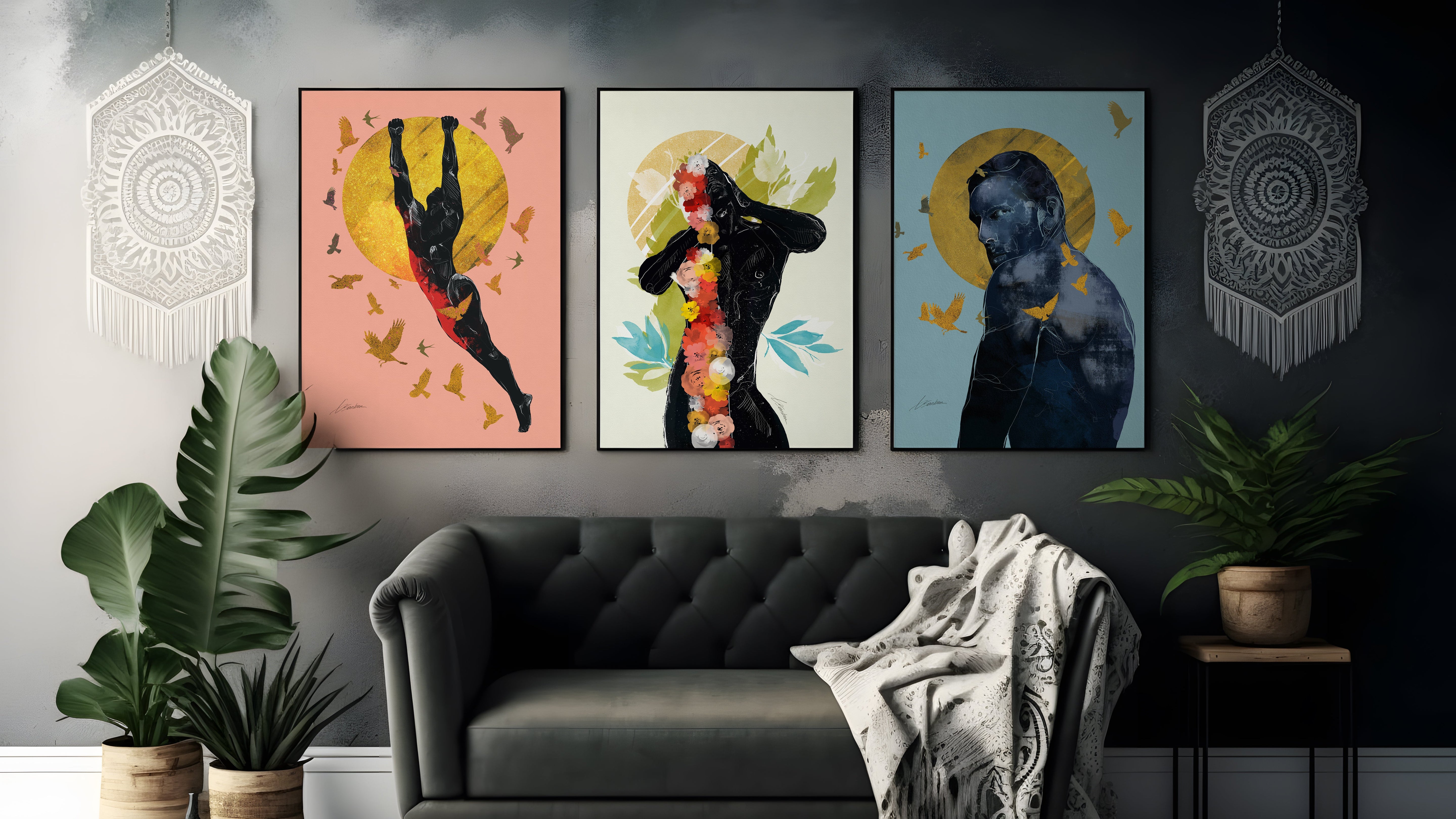 Shadows graphic male figure silhouette art prints by Brenden Sanborn, three bold framed paintings with dark figures against vivid color backgrounds displayed above a dark sofa
