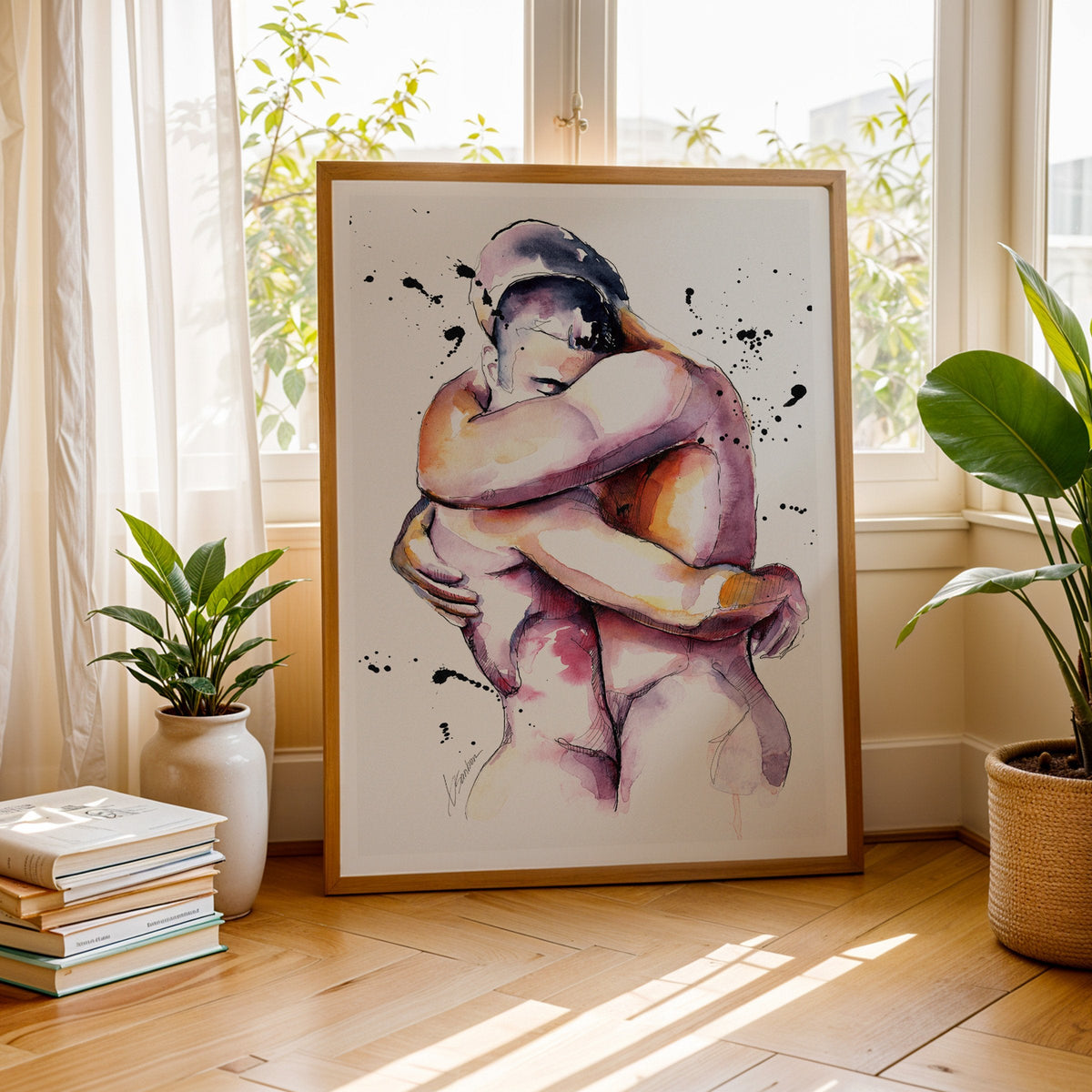 The Lovers watercolor art print by Brenden Sanborn of two men embracing, framed and leaning by a sunlit window with plants