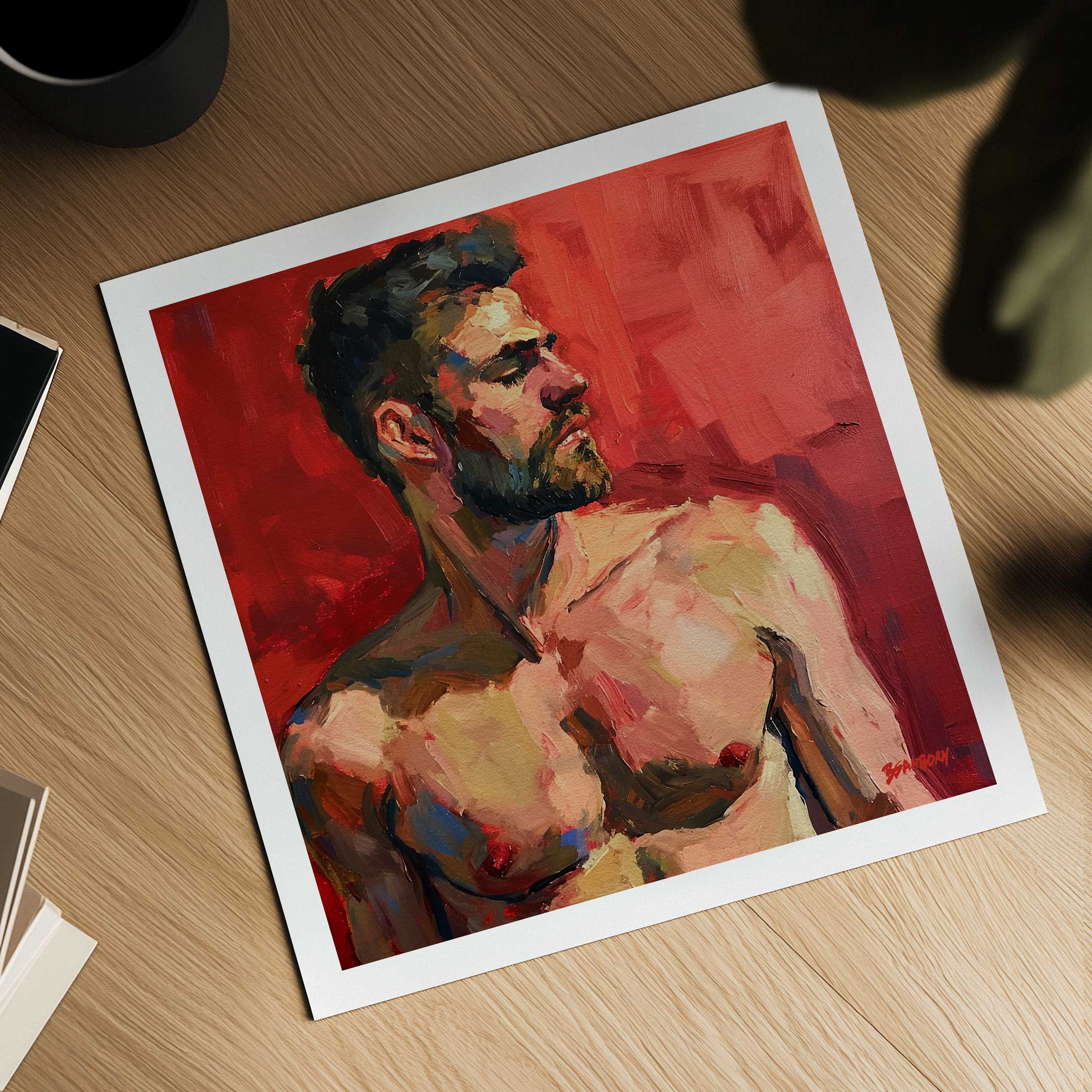 Resolute Profile - Bearded Man with Red Backdrop - Giclee Art Print