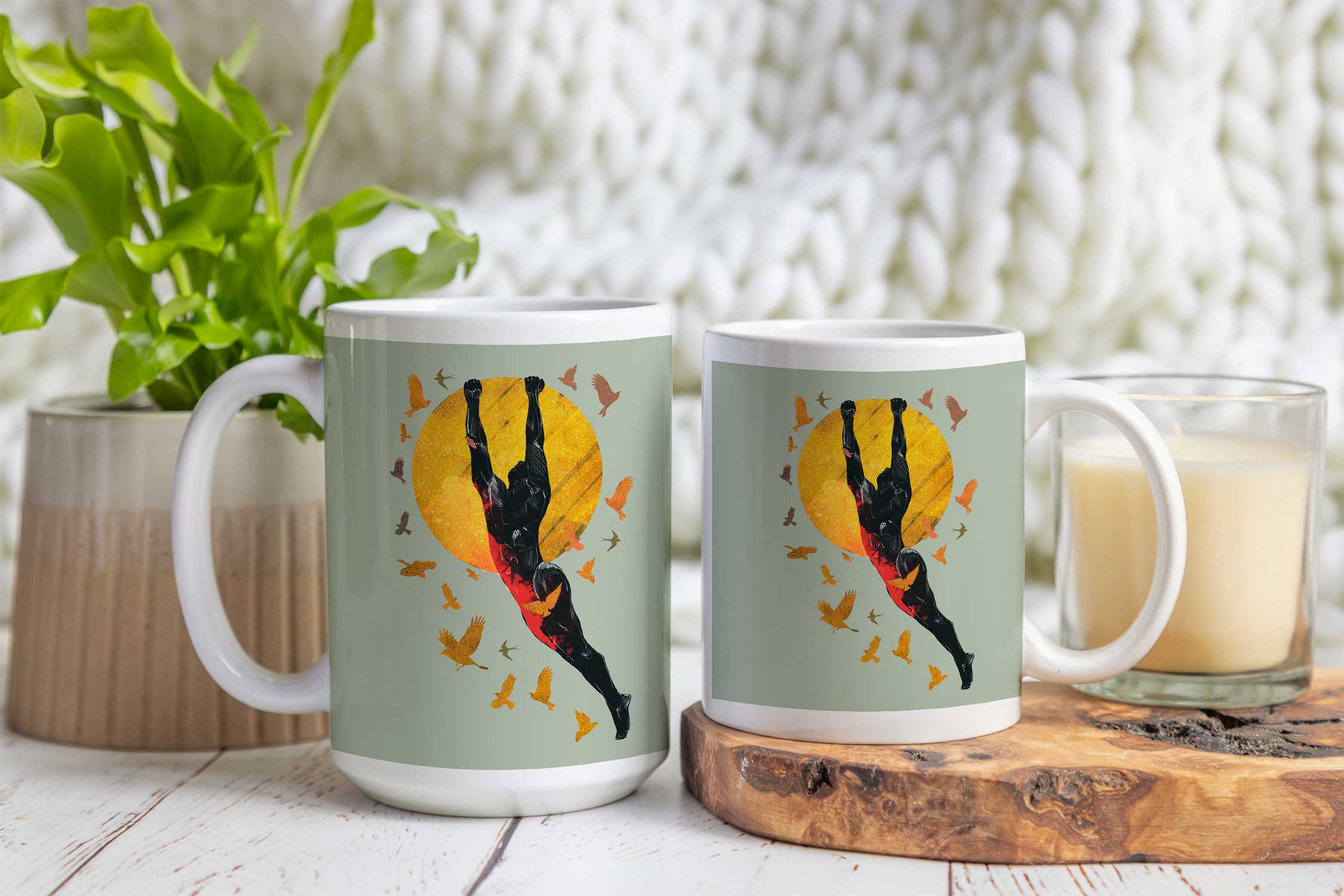 Soaring Man with Birds and Sun – 11oz & 15oz Mugs