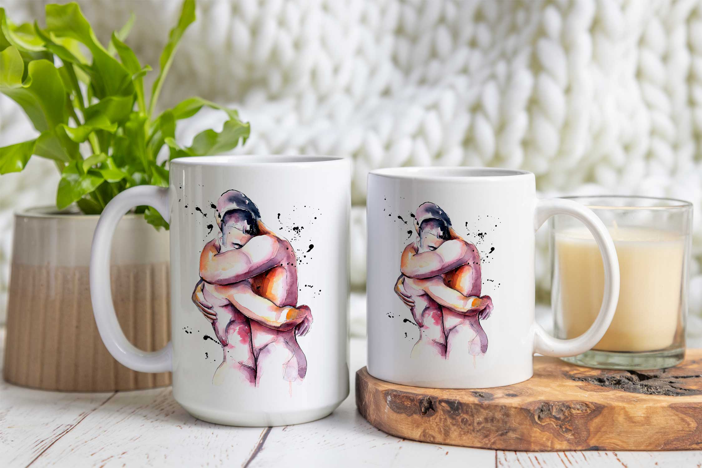 Two Nude Men Embracing in Watercolor – 11oz & 15oz Mugs