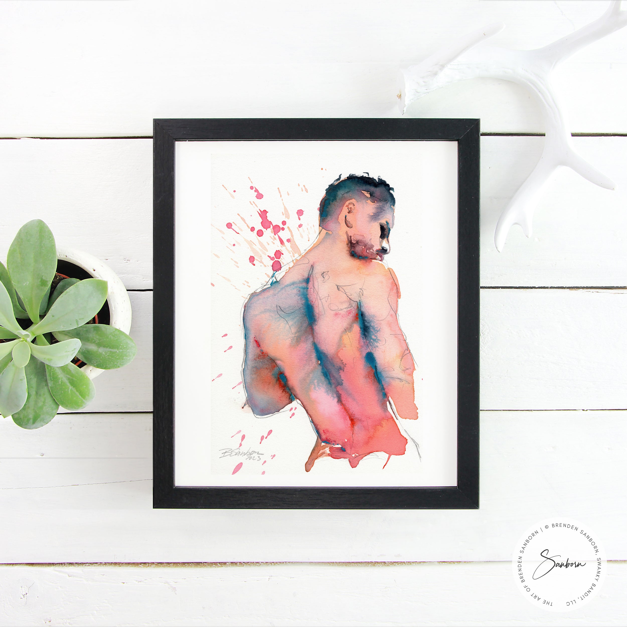 Nude Male, Standing with Splattered Background - 6x9" Original Watercolor Painting