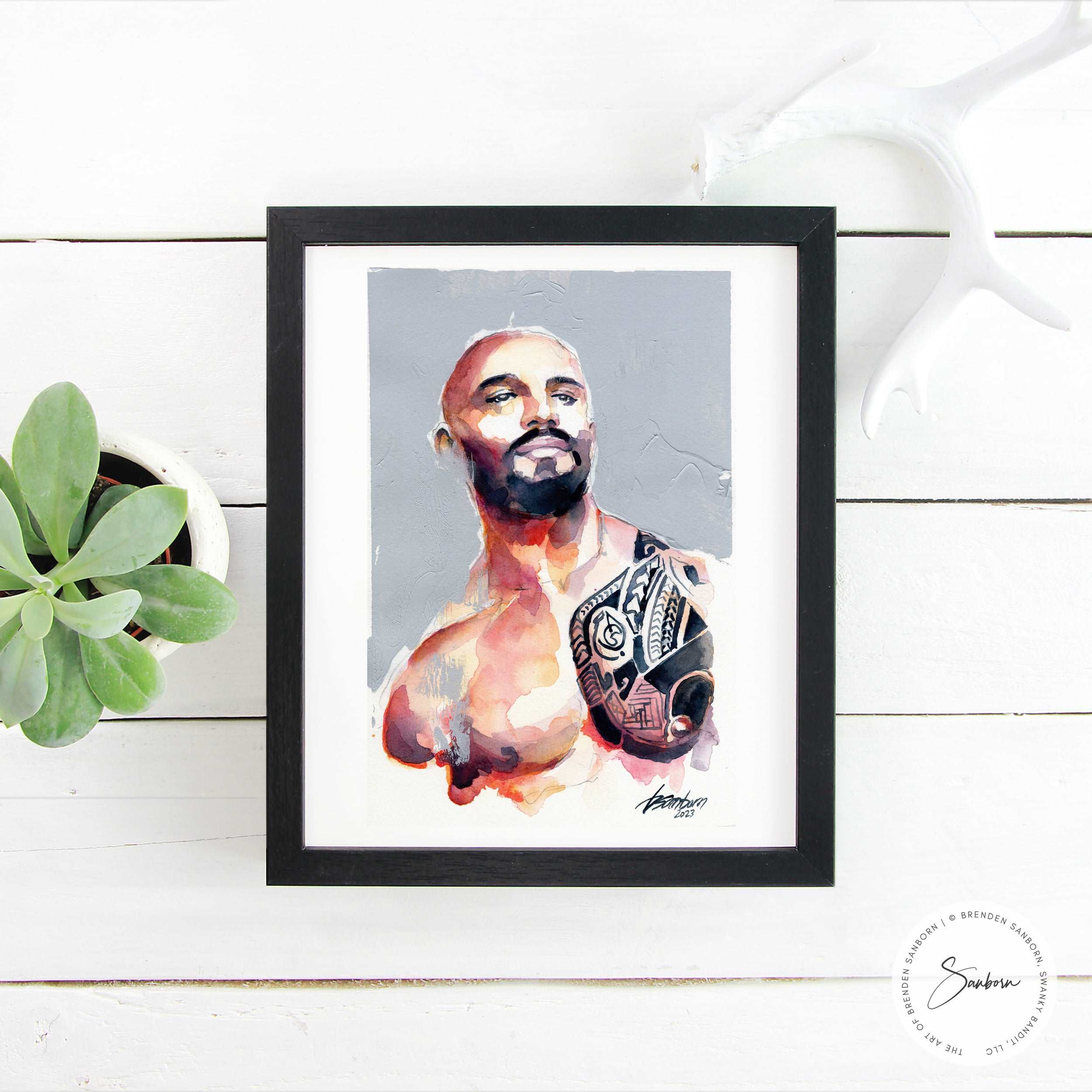 Bearded Man with Intricate Shoulder Tattoo - 6x9" Original Painting