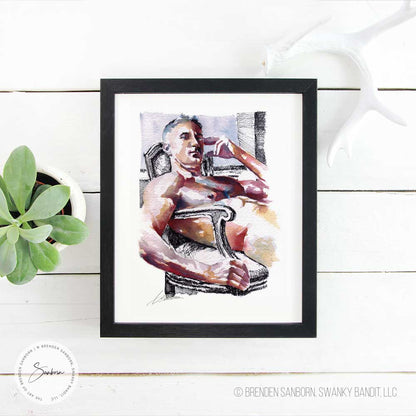 Older Man Seated: Male Nude Contemplative Pose in Watercolor & Ink - Giclee Art Print