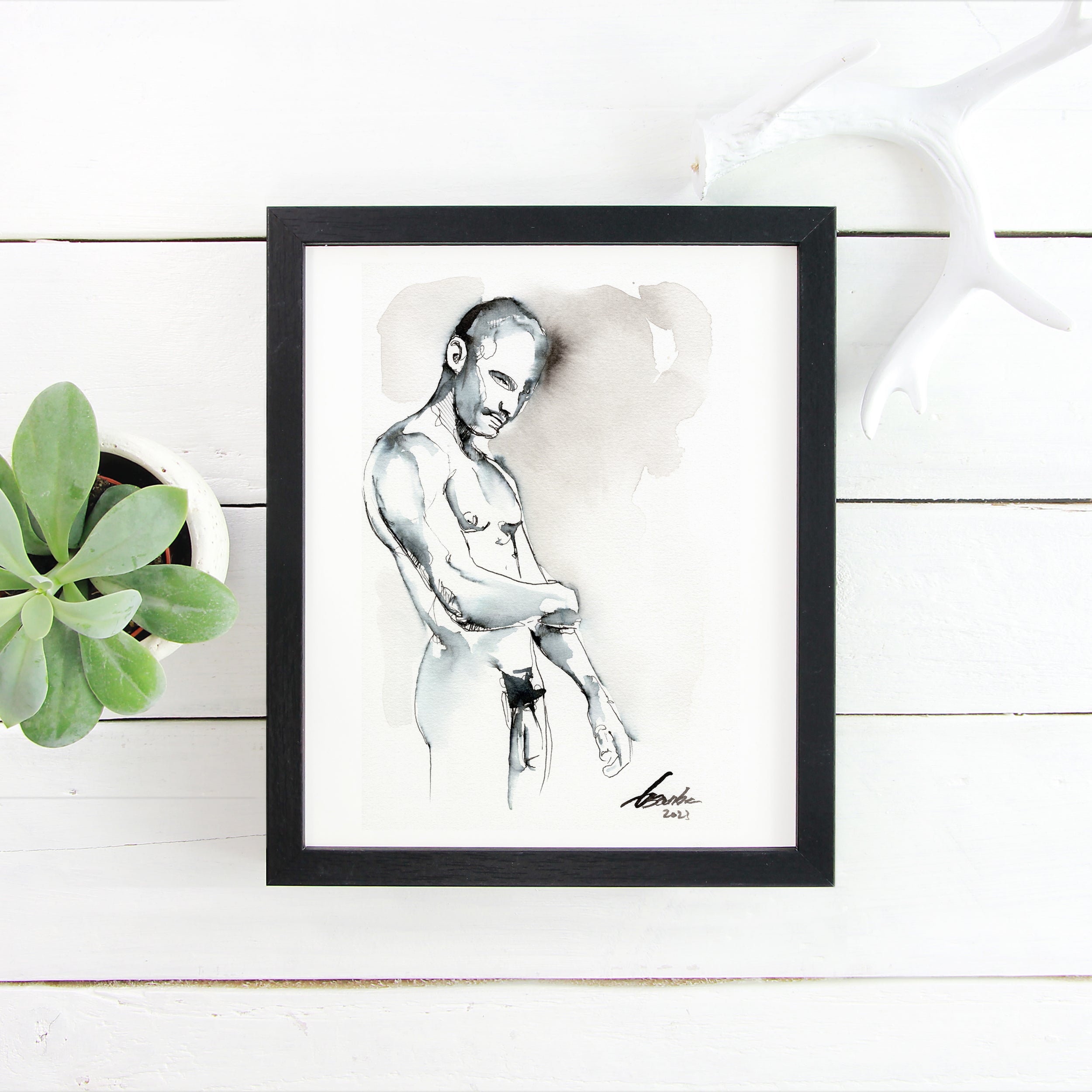 Whispered Strength - Monochrome Muscular Male Contour - 6x9" Original Painting