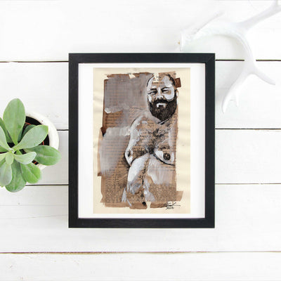 Literary Bear - Hairy Gay Man on Book Page - 6x9" Original Art Artist Brenden Sanborn