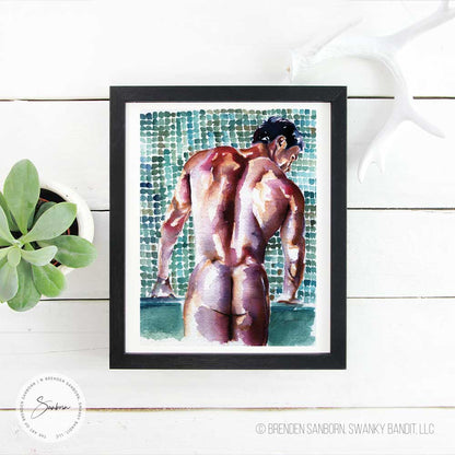 Titan's Stance: Muscular Man, Strong Back, Thick Hair Against Blue-Green Tile - Giclee Art Print