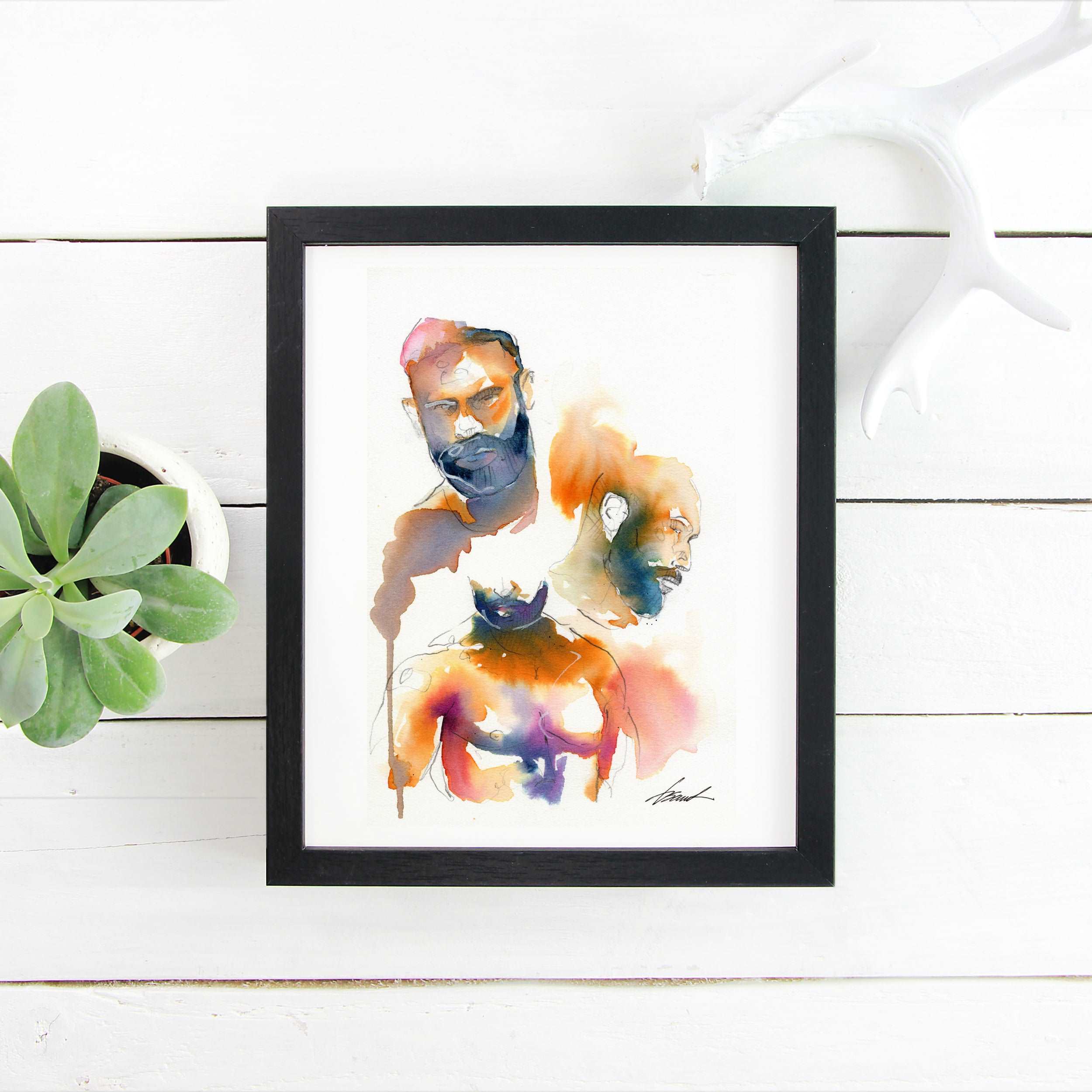 Bearded Trio - Expressive Male Faces with Hairy Chests - 6x9" Original Watercolor Painting Artist Brenden Sanborn