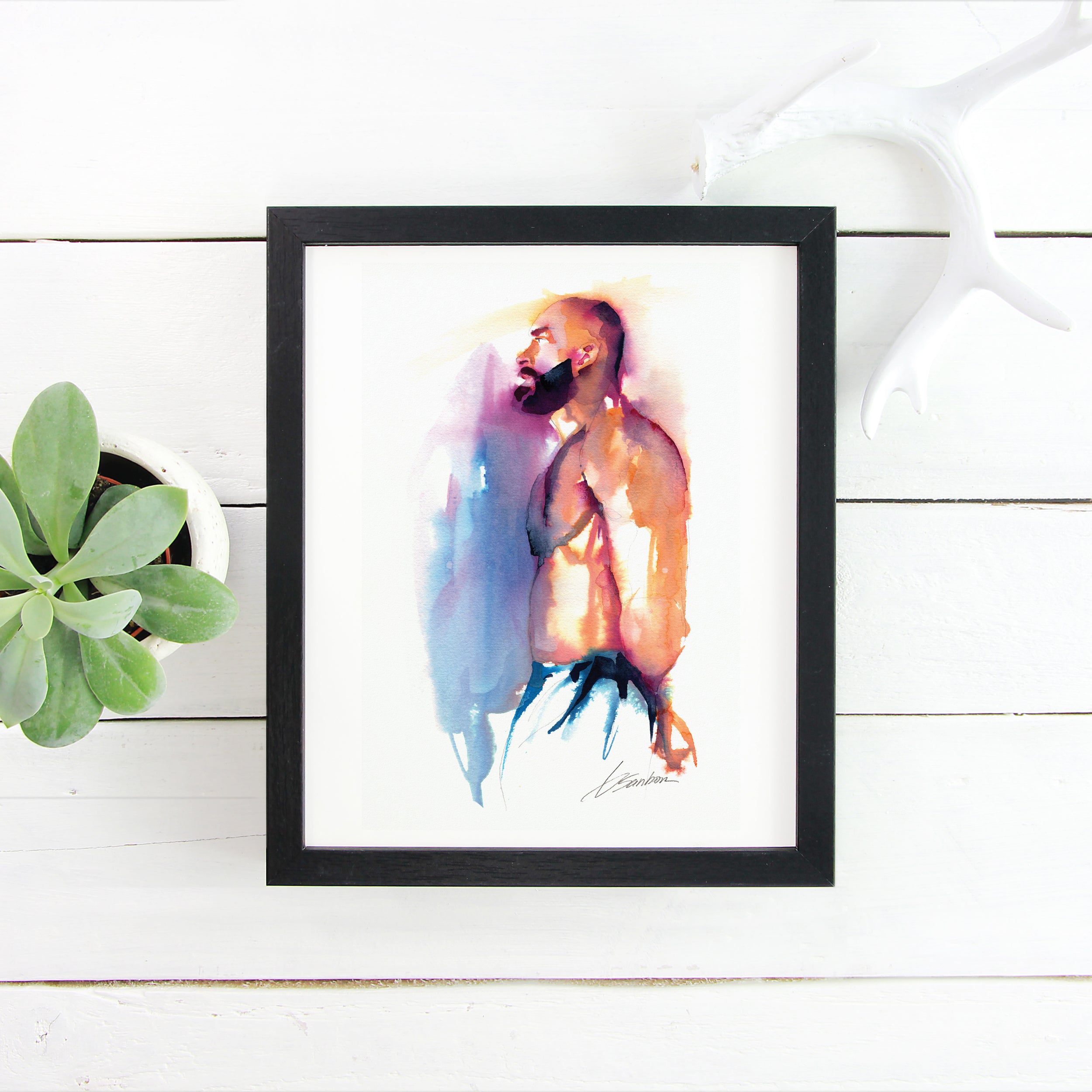 Muscular Male in Blue Jeans - 6x9" Original Watercolor Painting