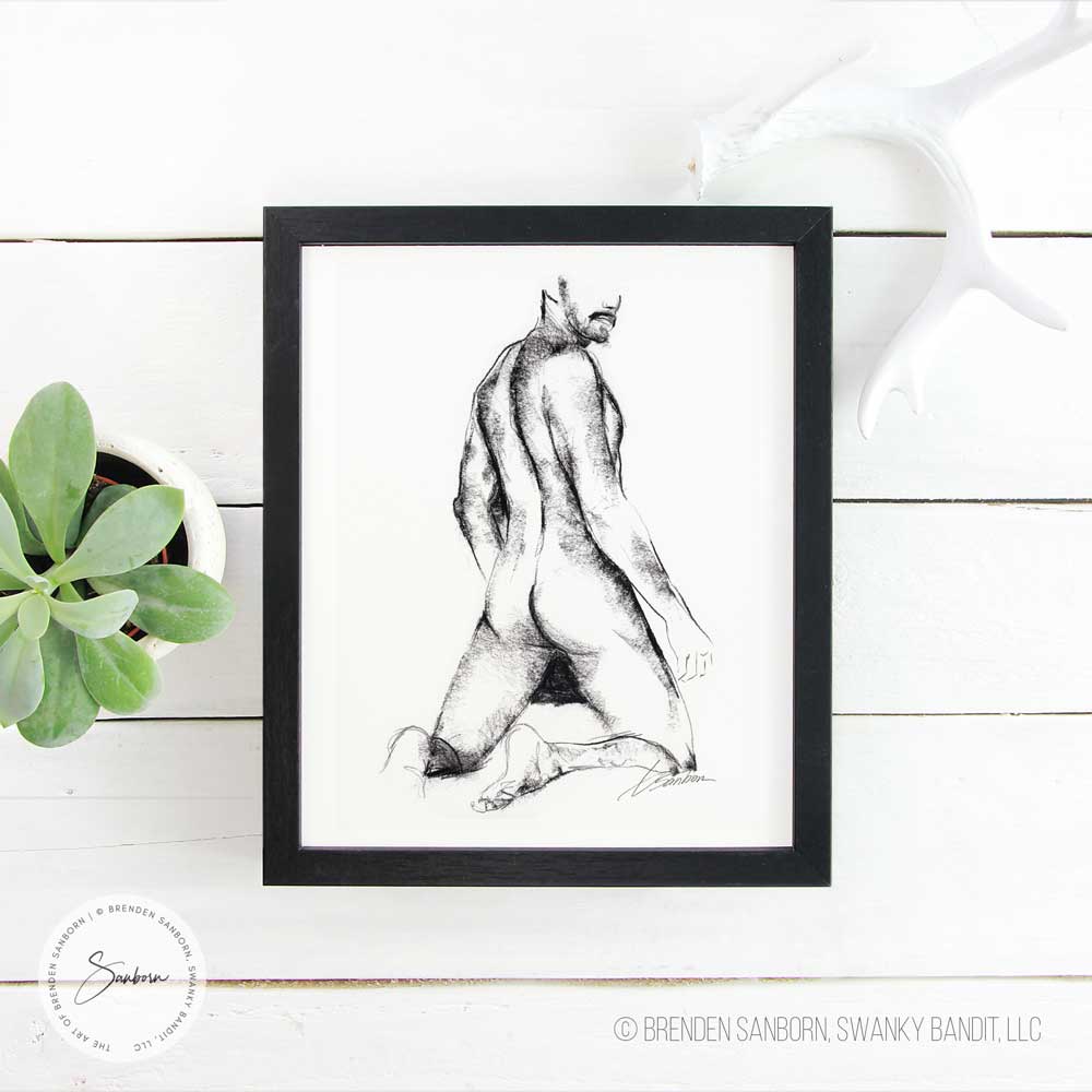 Charcoal Sketch of Nude Male with Muscular Back - Giclee Art Print