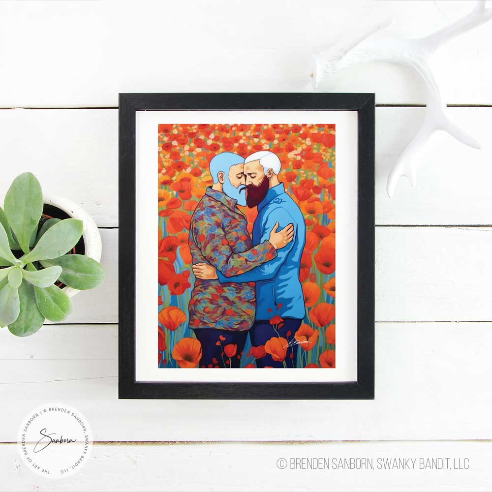 Embrace in Poppy Field - Bearded Gay Lovers in Floral Bliss - Giclee Art Print