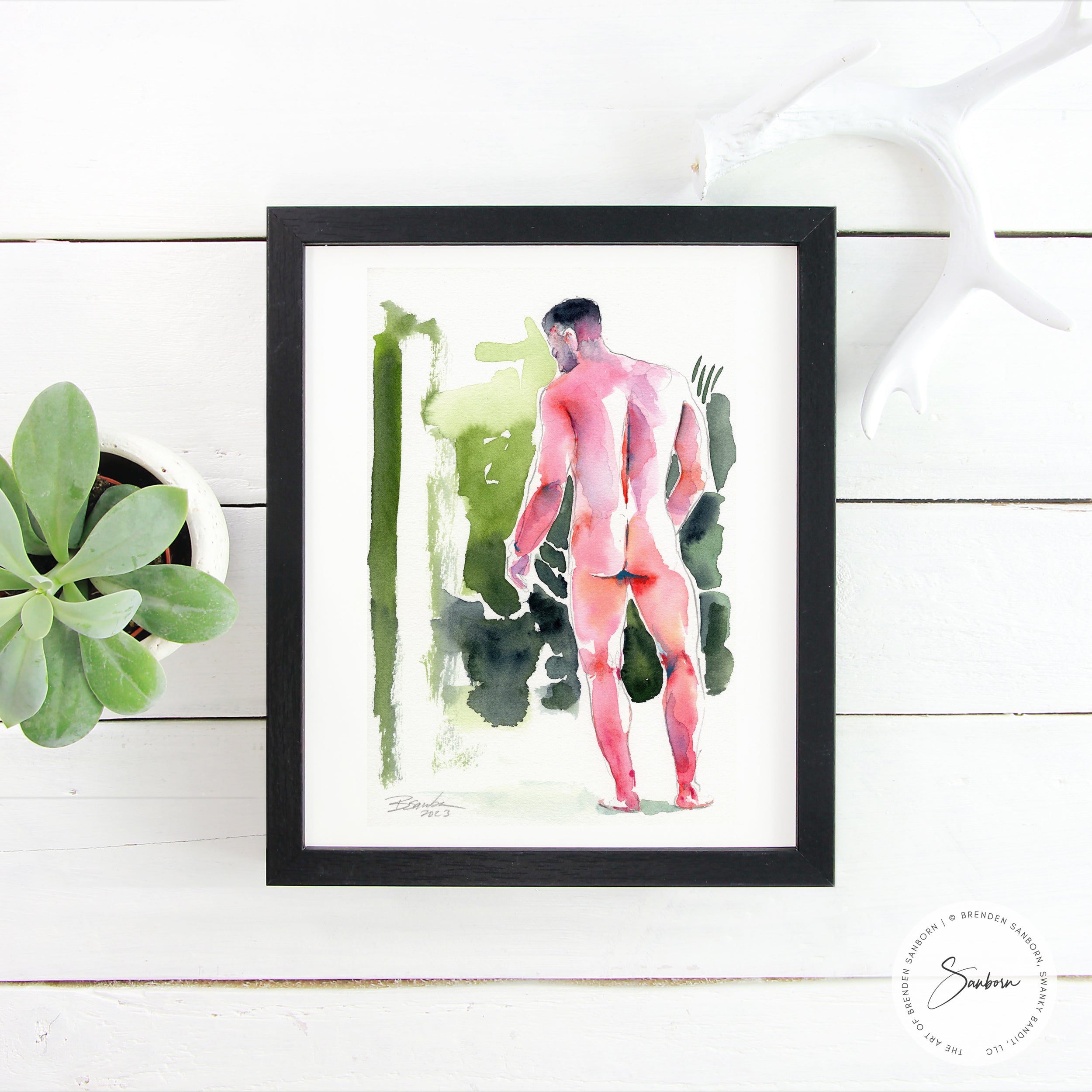 Nude Male, Rear View Highlighting Strong Back and Defined Legs - 6x9" Original Watercolor Painting