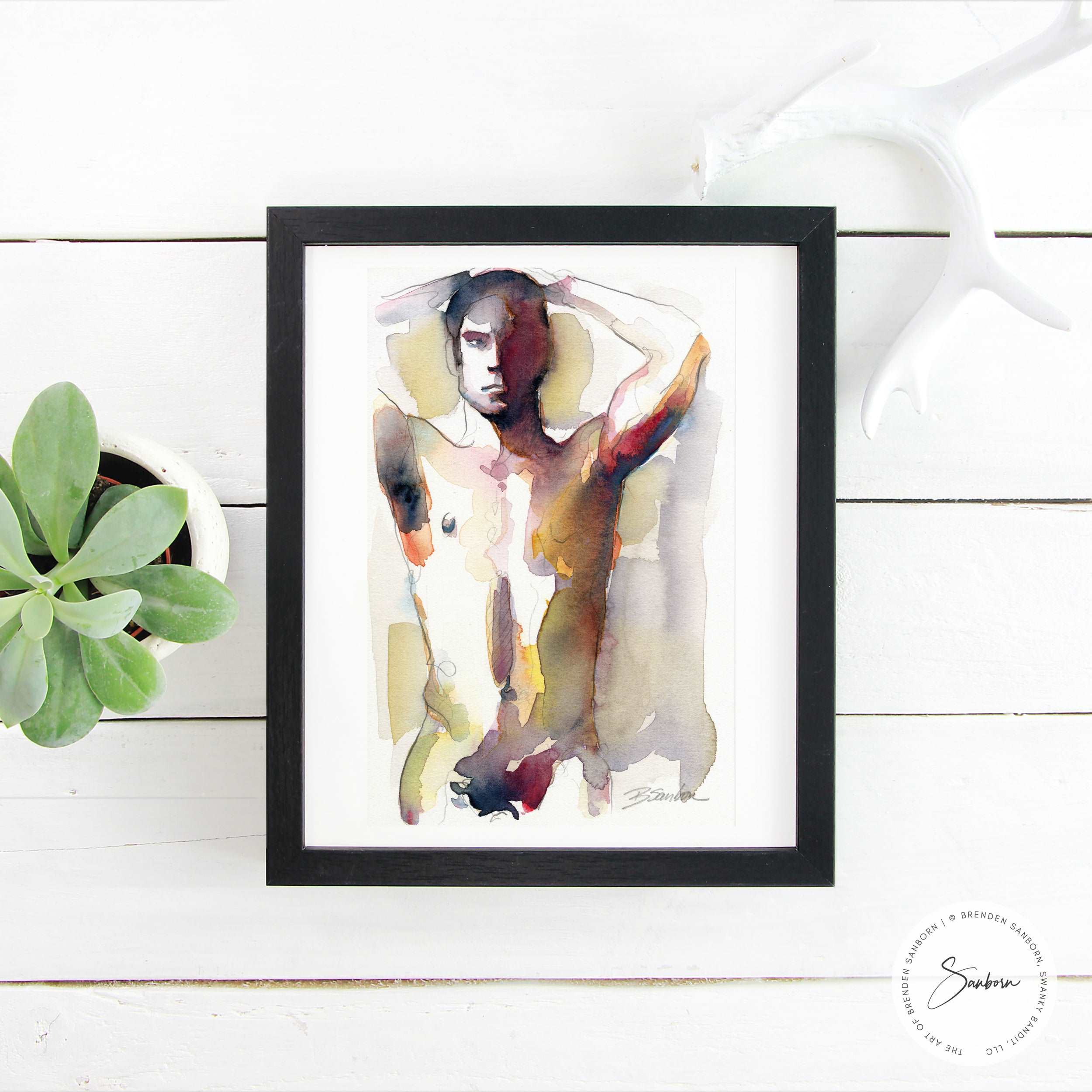 Alluring Nude Male Figure with Striking Profile - 6x9" Original Watercolor Painting