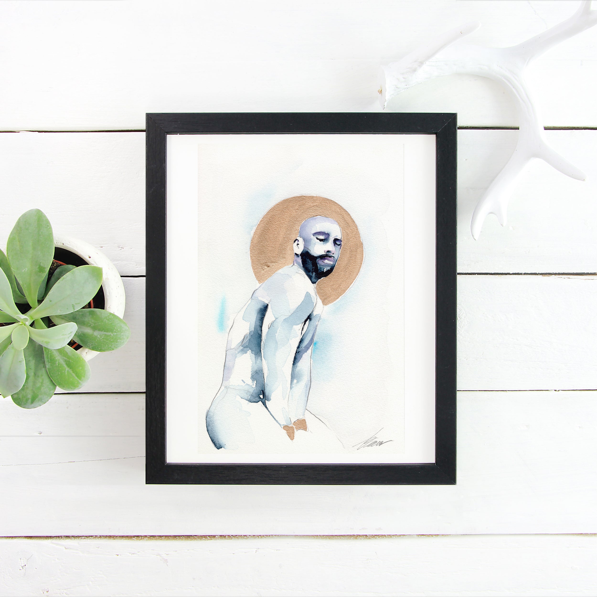 Serene Bearded Man with Golden Halo - 6x9" Original Watercolor Painting