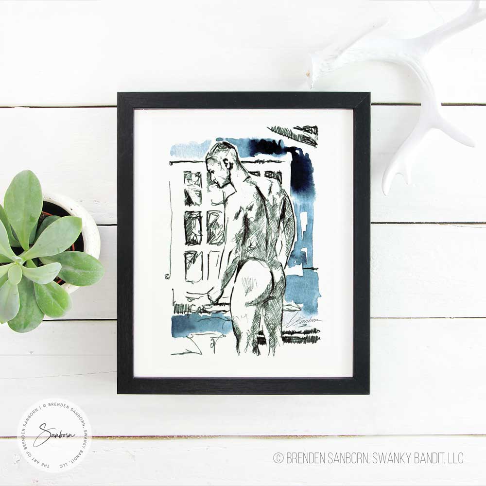 Sketch of Muscular Man by Window, Cityscape Background, Blue Accents - Giclee Art Print
