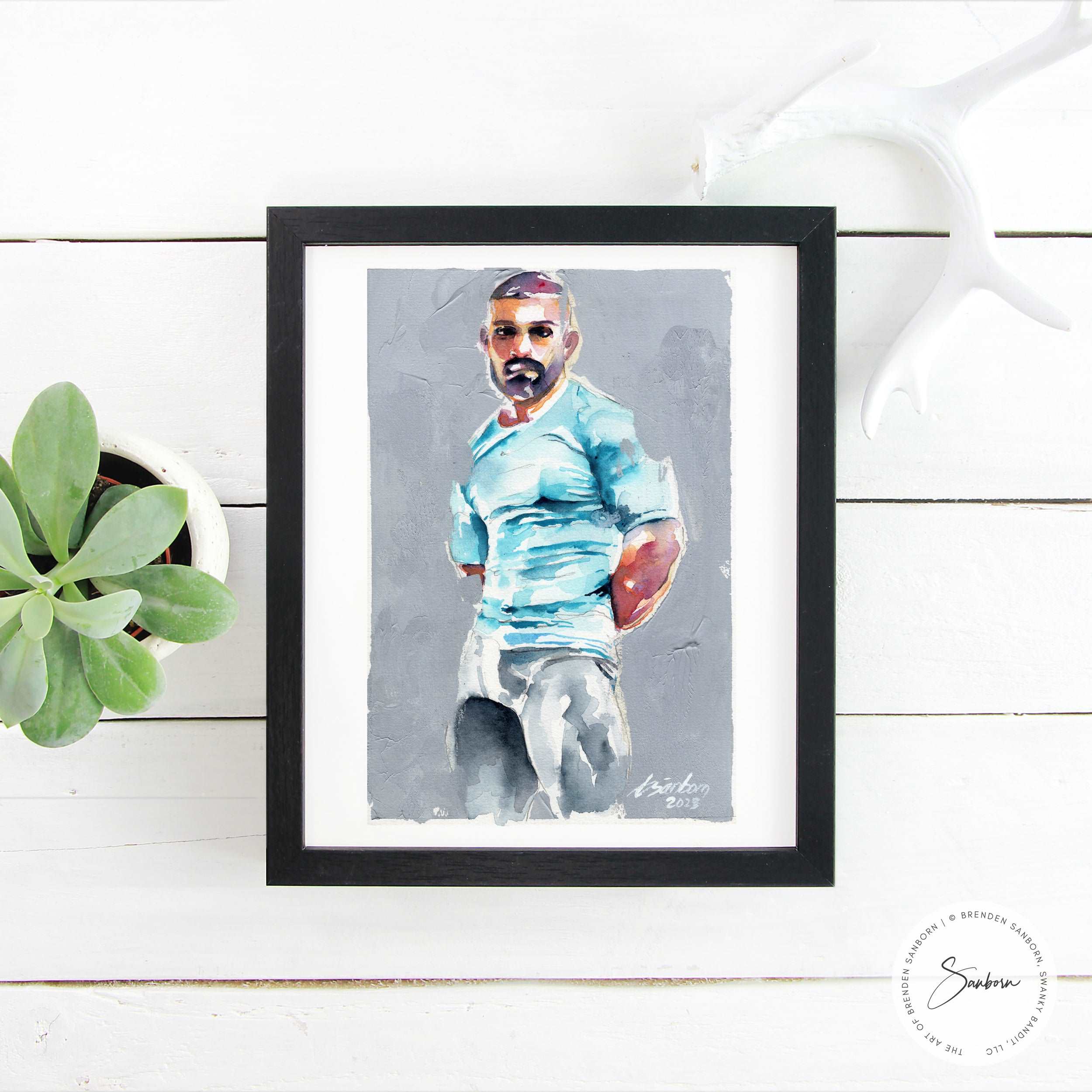 Bearded Man in Light Blue Shirt with Muscular Arms - 6x9" Original Watercolor Painting