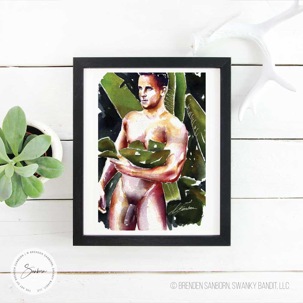 Verdant Veil: Muscular Male Shielded by Palm Leaves - Giclee Art Print