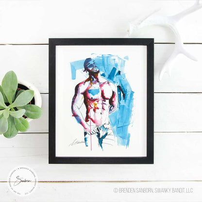 Radiant Male Muscular Figure Basking in Blue Hues - Giclee Art Print