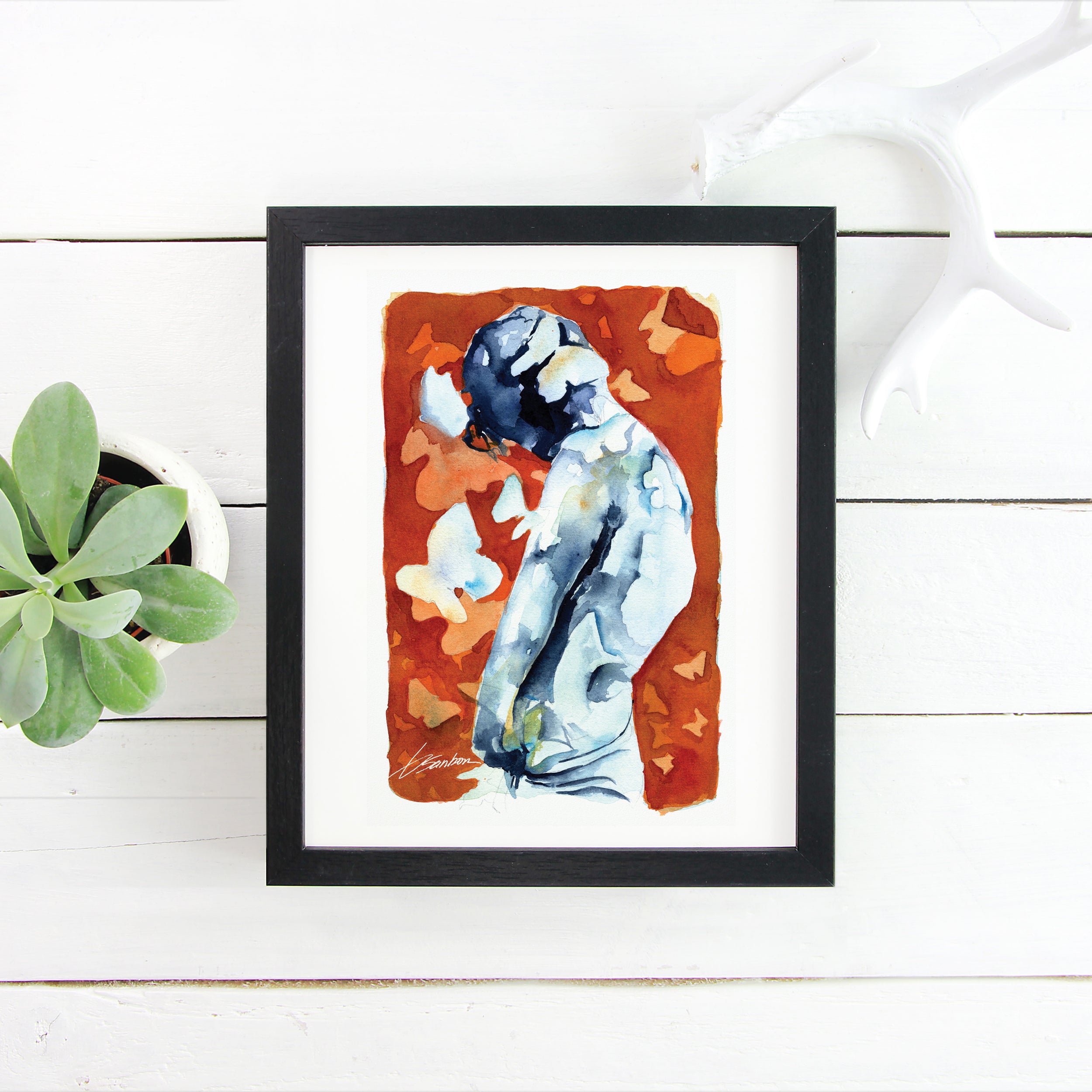 Sexy Shirtless Young Man Among Butterflies - 6x9" Original Watercolor Painting