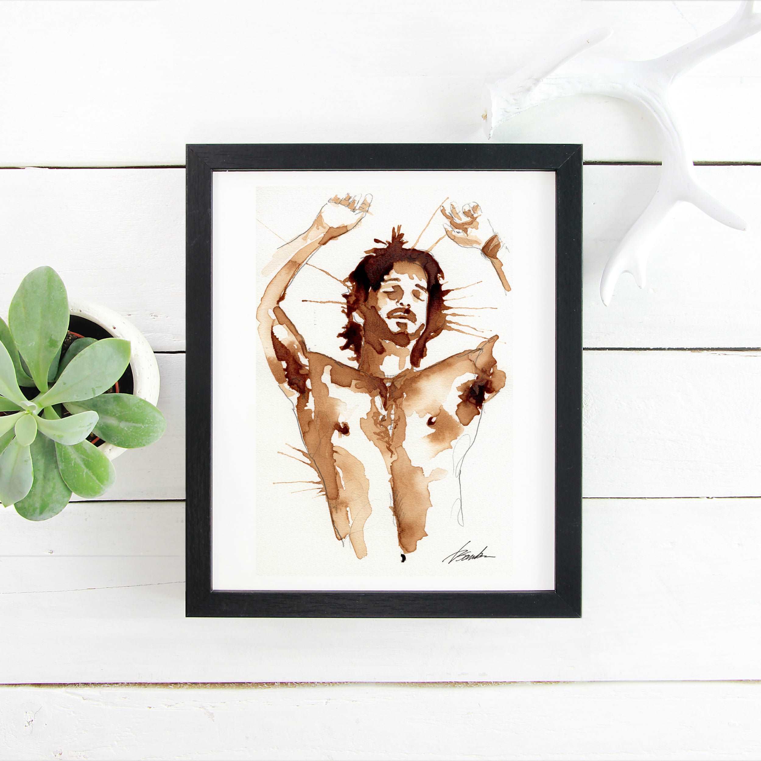 Caffeinated Rhythm - Shirtless Cuban Male in Sepia Tones - 6x9" Original Art