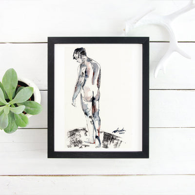 Solitary Reflection - Nude Male Form in Ink - 6x9" Original Watercolor Artist Brenden Sanborn
