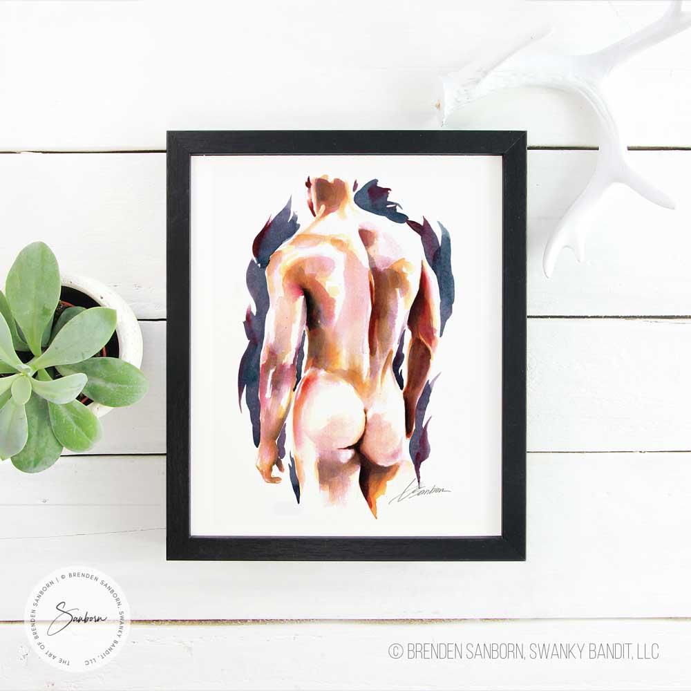 Flame of Form - Watercolor Muscular Male Back Study - Giclee Art Print