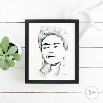 Frida Kahlo Portrait with Signature Eyebrows and Earrings - 6x9" Original Ink Painting
