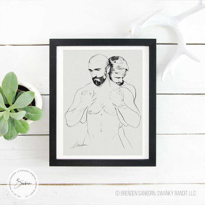 Intertwined Solace - Ink Sketch of Bearded Male Couple - Giclee Art Print