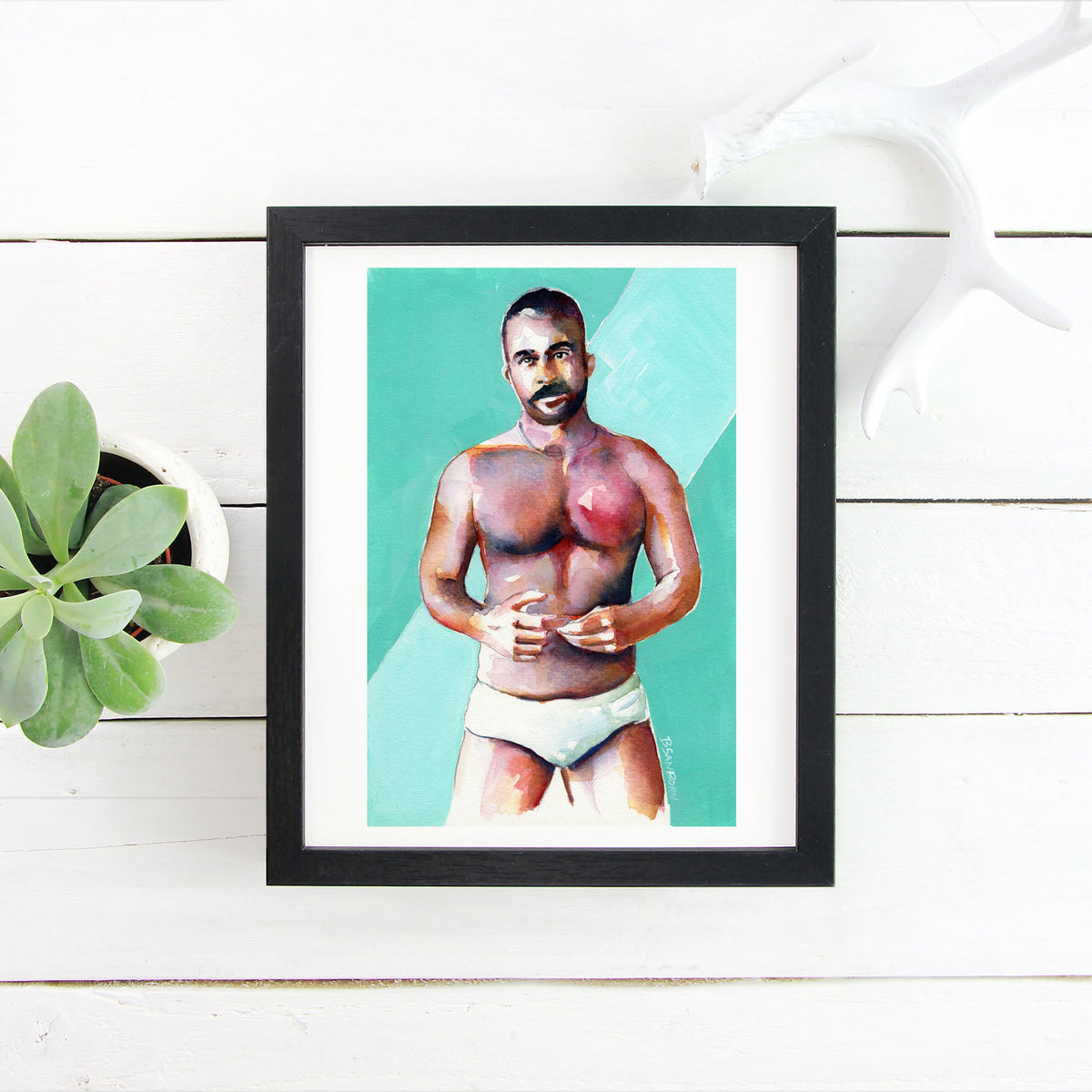 Vivid Confidence - Muscular Man in White Briefs - 6x9" Original Art Artist Brenden Sanborn